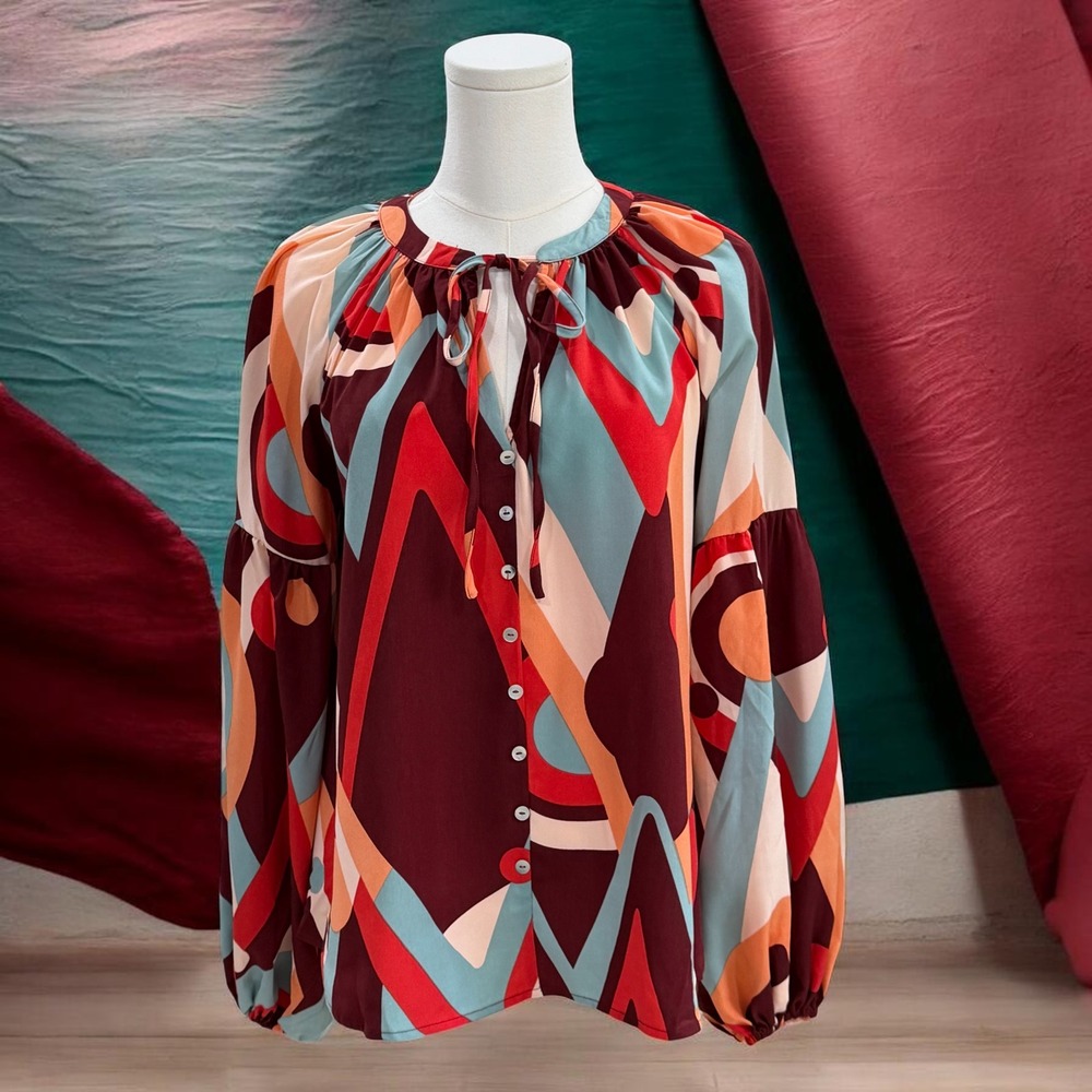 August Sky Abstract Retro Blouse‎ Oversized Small Balloon Sleeve Art To Wear